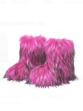 Women Faux Fur neon pink Furry Fluffy Mid Calf boots 10.5